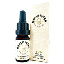 Charger l'image dans la visionneuse de la galerie, Fiole compte goutte 10ml huile de CBD Full Spectrum 10% UncleWeed posée à côté de son carton d'emballage.