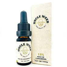 Charger l'image dans la visionneuse de la galerie, Fiole compte goutte 10ml huile de CBD Full Spectrum 15% UncleWeed posée à côté de son carton d'emballage.